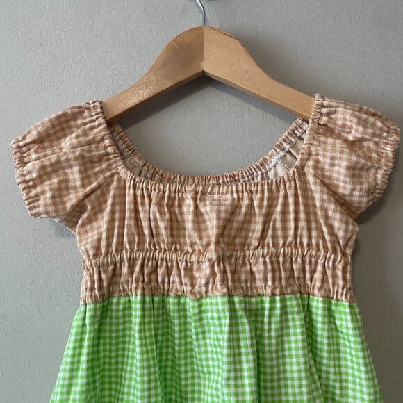 Handmade Children's 100% Cotton Tan White Green Gingham Multi Pattern Dress - Picture 10 of 12